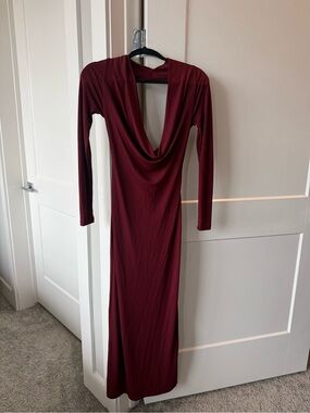 Zara Deep Burgundy Long Sleeve Draped Maxi Dress